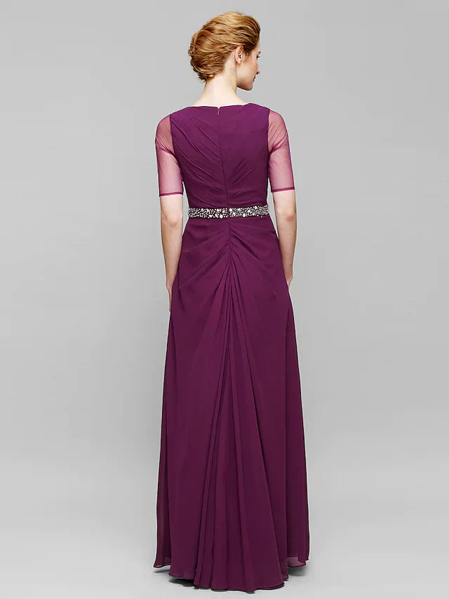Wholesale Mother of the Bride Dress Elegant Bateau Neck Floor Length Chiffon Tulle Half Sleeve with Beading